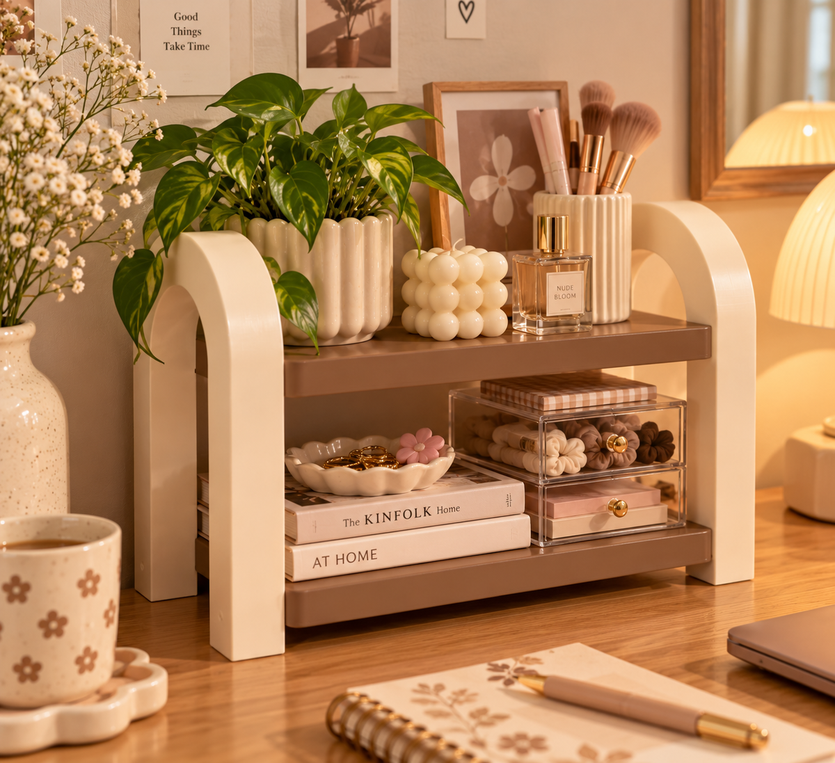 Bej 2 Katlı Dekoratif Organizer Raf